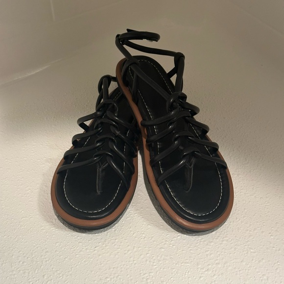 Nordstrom Black Strappy Ankle-Tie Sandals with Brown Sole - Picture 2 of 6